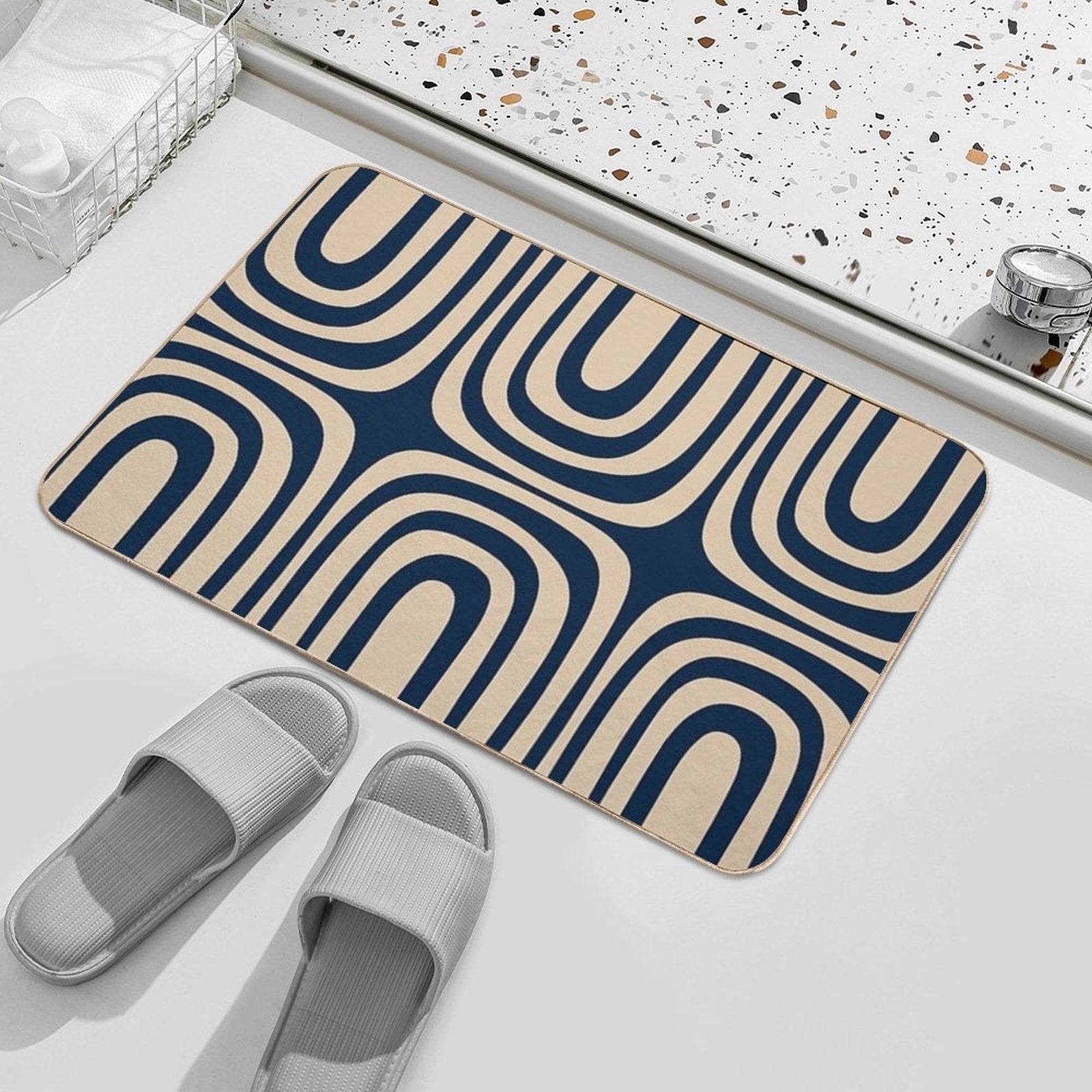 Midcentury Modern Confaab Abstract Pattern in Mid Mod Navy Blue And Beige  Easy Maintenance Bath Mat