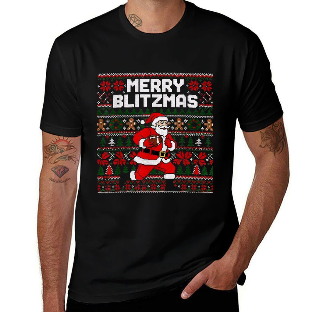 Christmas Merry Blitzmas Santa Football Ugly Sweater Style Comfortable T-Shirt