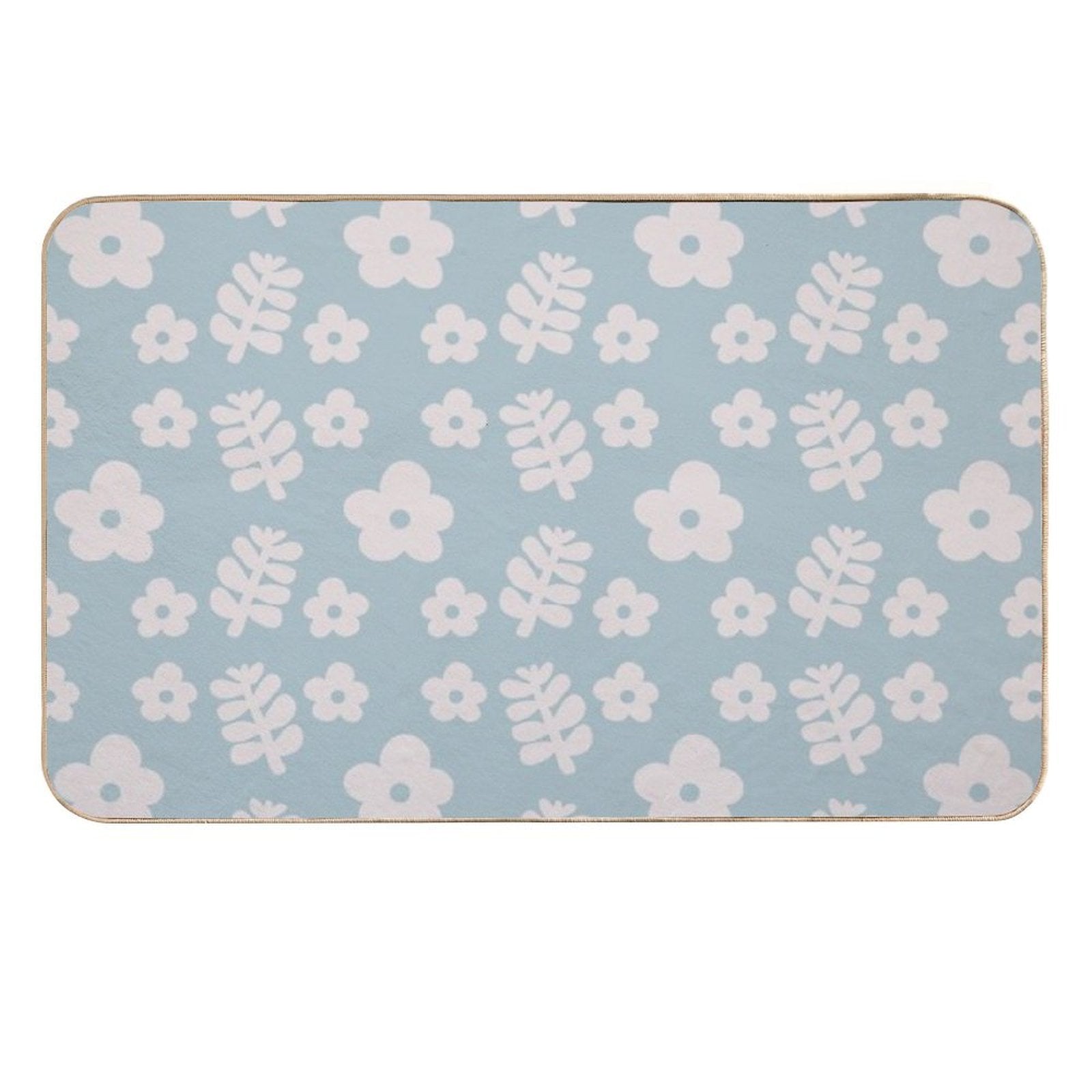 Mid Century Modern Flowers & Leaves, Cute Retro Pattern, Sky Blue  Easy Maintenance Bath Mat