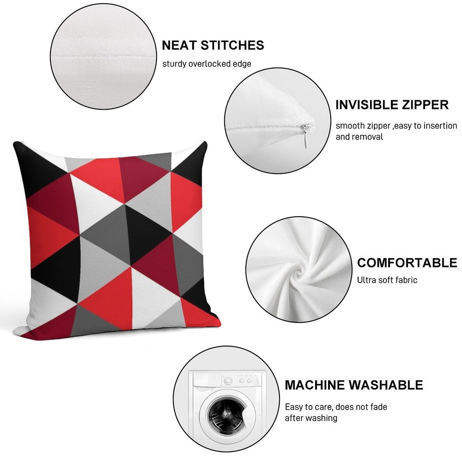 Red, Black, White And Grey Pattern Soft Easy Maintenance Throw Pillow