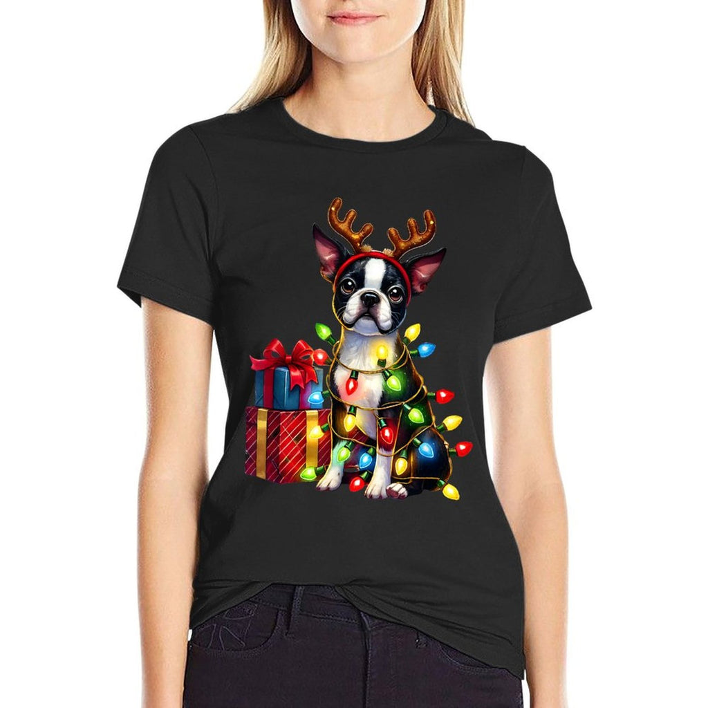 Pet Animal Boston Terrier Dog Reindeer Antlers Christmas for Men Women Kids  Quick-drying T-Shirt
