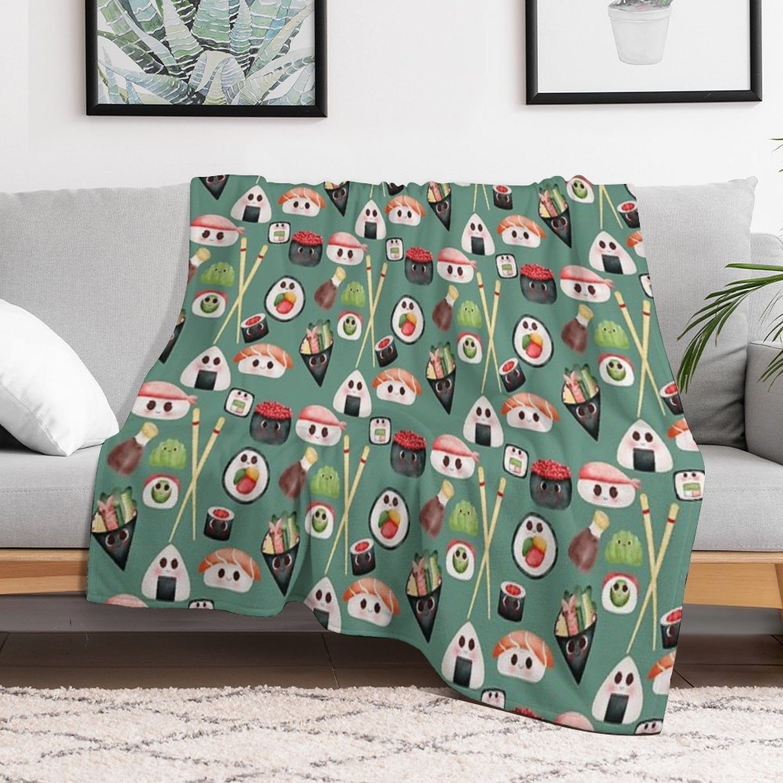 Kawaii Sushi Squad – Cute Japanese Food Illustration Plush Throw Blanket