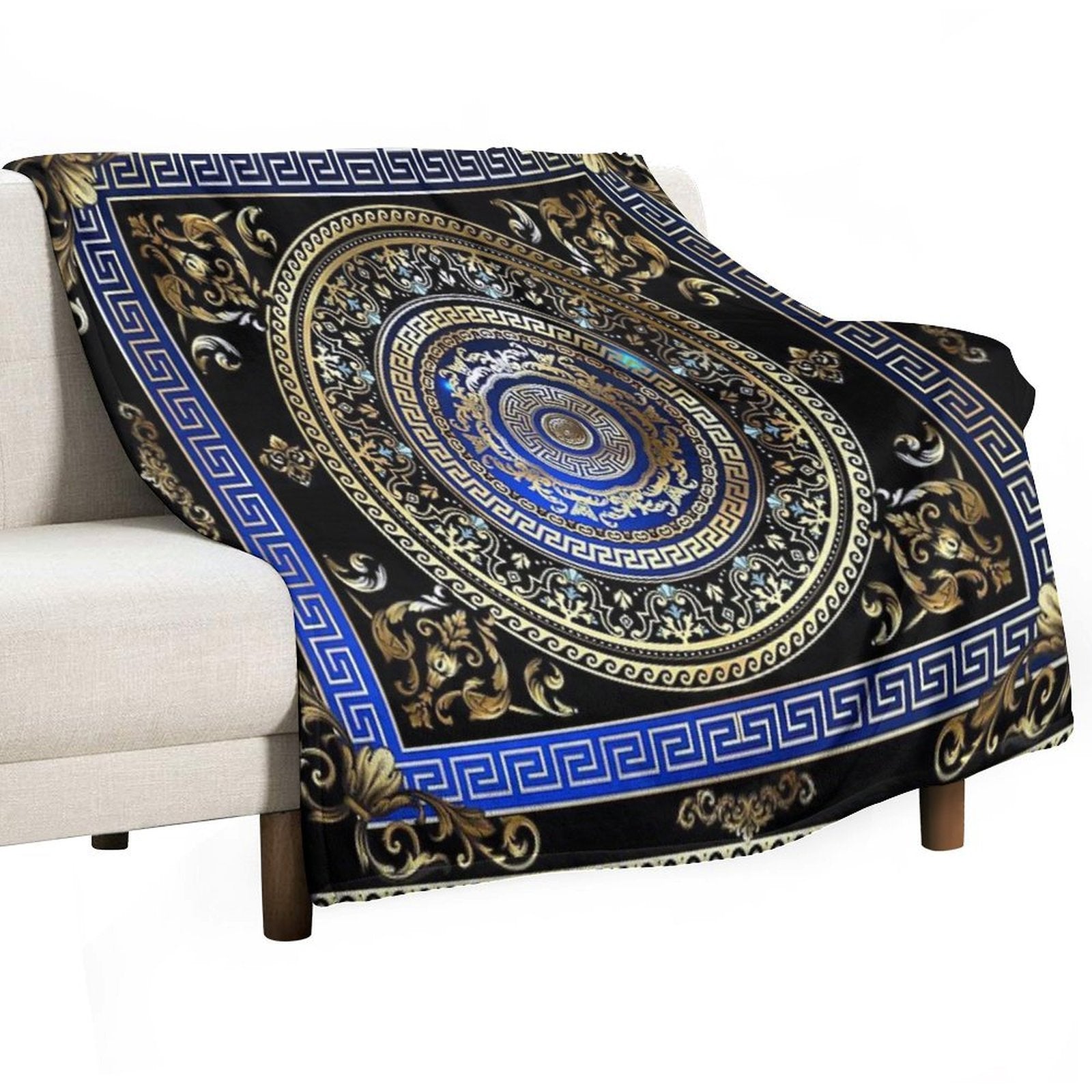 Greek Key Meander Black Blue Gold Ornate Medallion Easy Care Throw Blanket