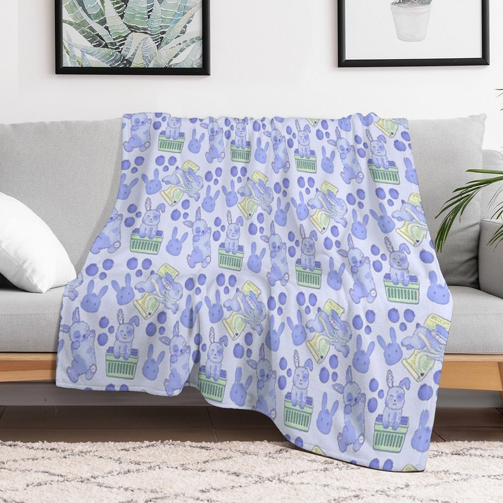 Blueberry Bunny Pattern – Cute Kawaii Animal Illustration Versatility Throw Blanket