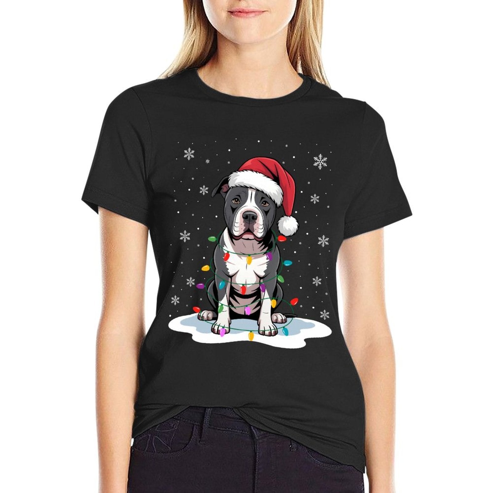 Pitbull Christmas Lights Santa Xmas Pet Dog Lover  Oversized Silhouette T-Shirt