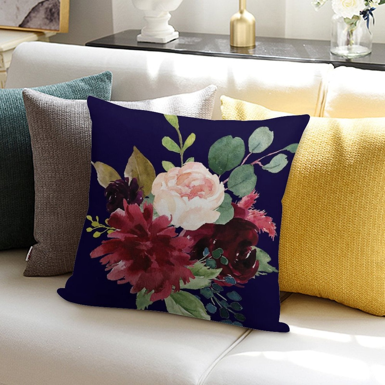 Navy, Burgundy And Blush Floral Art with Eucalyptus Soft Multiple Sizes Throw Pillow