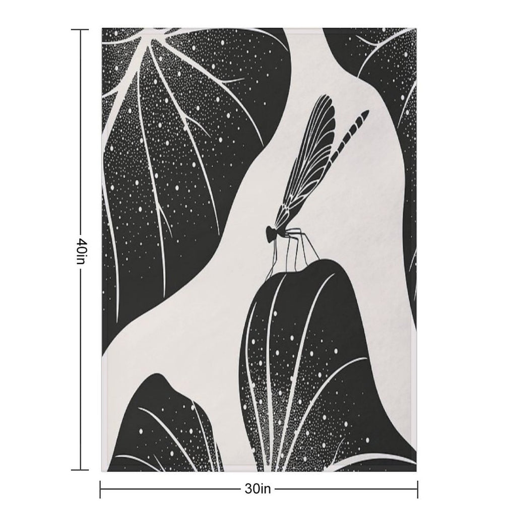 Dragonfly on Leaf with Water Drops, Minimalist Illustration Anti-pilling Throw Blanket