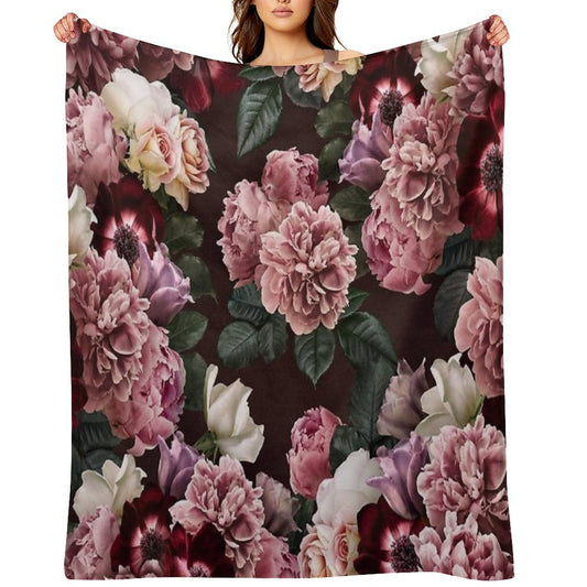 Vintage Bouquets of Pink Lush Peonies, Purple Tulips, Roses And Dark Red Anemones. Plush Throw Blanket