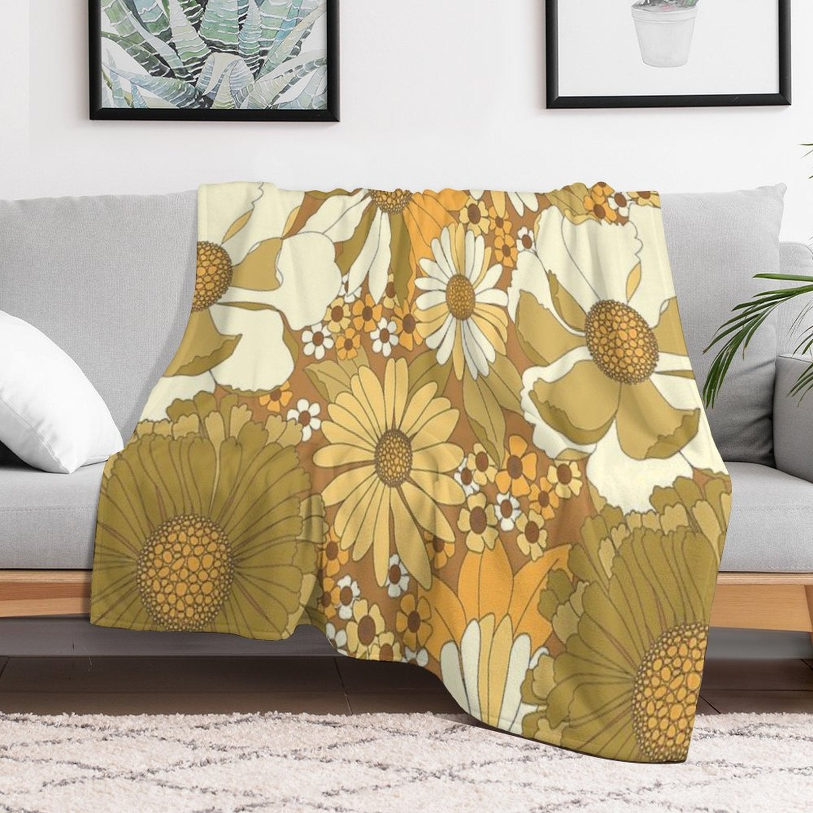 Brown, Orange, Ivory & Green Vintage Flower Pattern Durable Throw Blanket