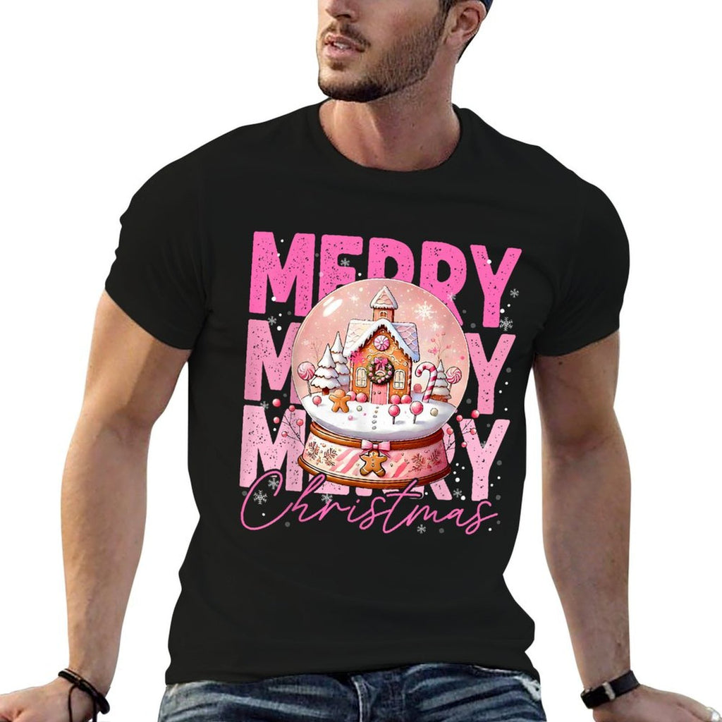 Cute Merry Christmas Snow Globe Pink Gingerbread House Xmas  Moisture-wicking T-Shirt