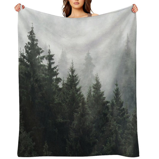 Waiting For  Misty Foggy Fairytale Forest With Cascadia Trees Covered In Magic Fog Shrink-resistant Throw Blanket