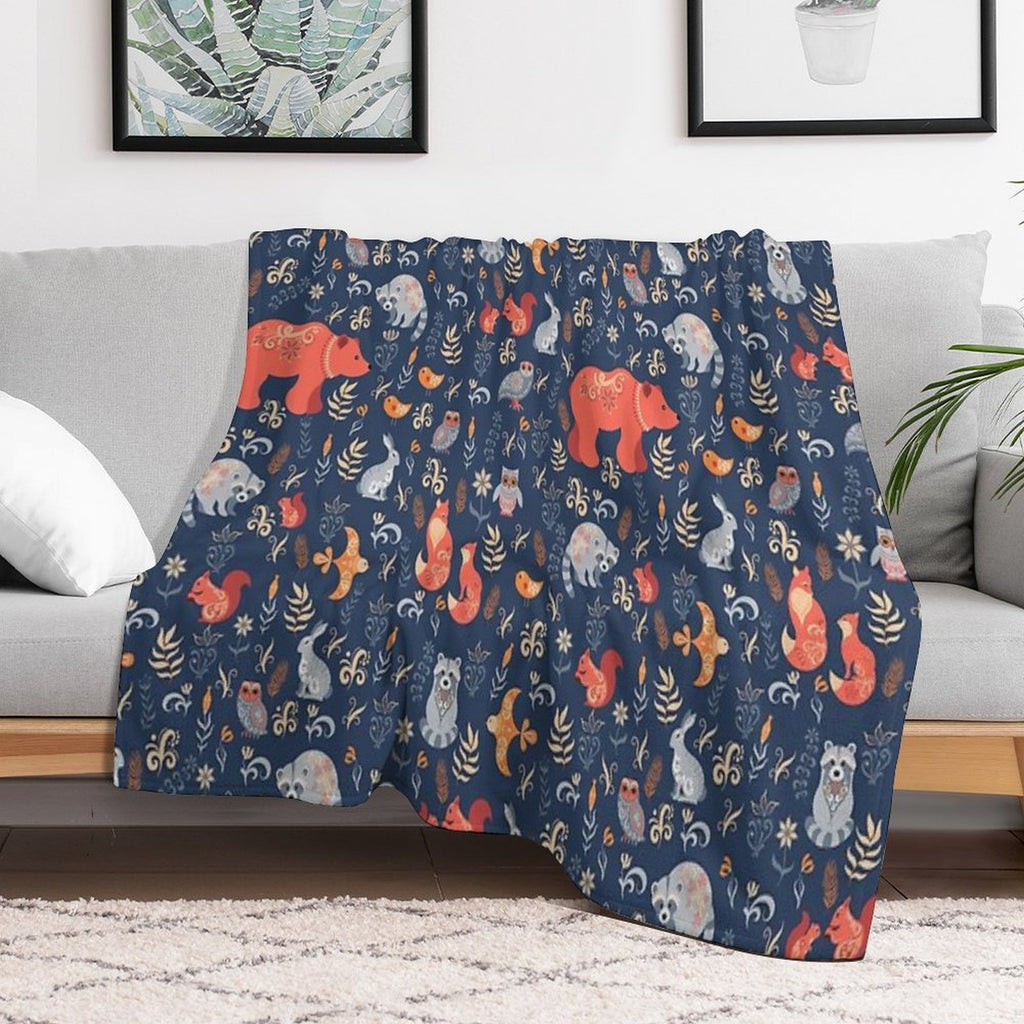 Fairy-tale Forest. Fox, Bear, Raccoon, Owls, Rabbits, Flowers And Herbs on A Blue Background. Plush Throw Blanket