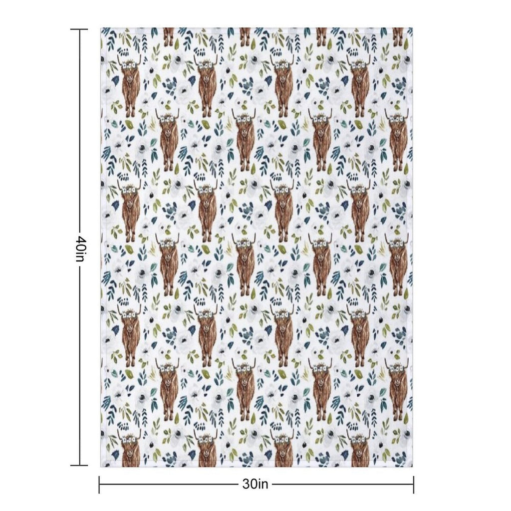 Highland Cow, Floral, Floral Crown, Cow Painting, Farmhouse Decor Shrink-resistant Throw Blanket