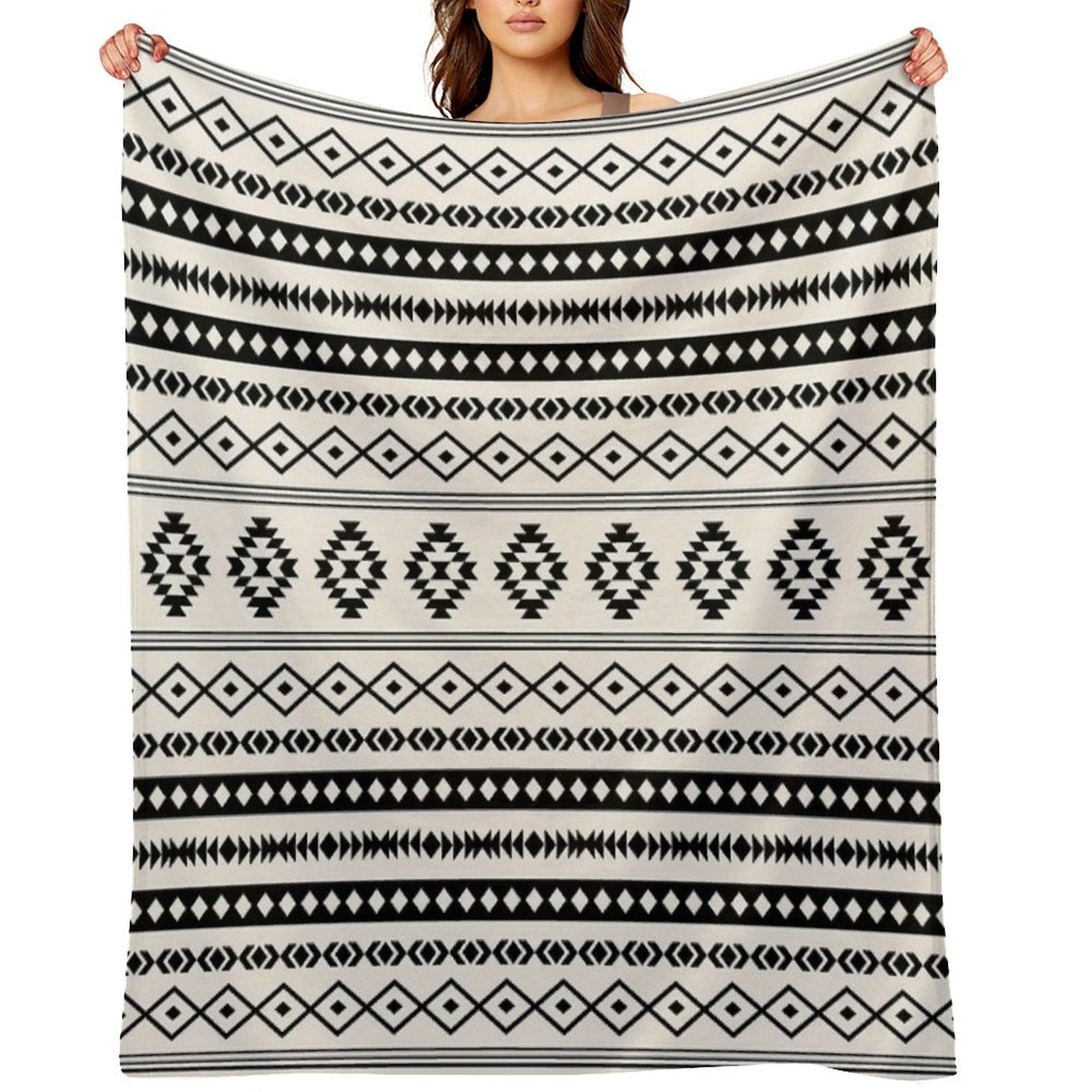 Aztec Black on Cream Mixed Motifs Pattern Velvety-soft Throw Blanket