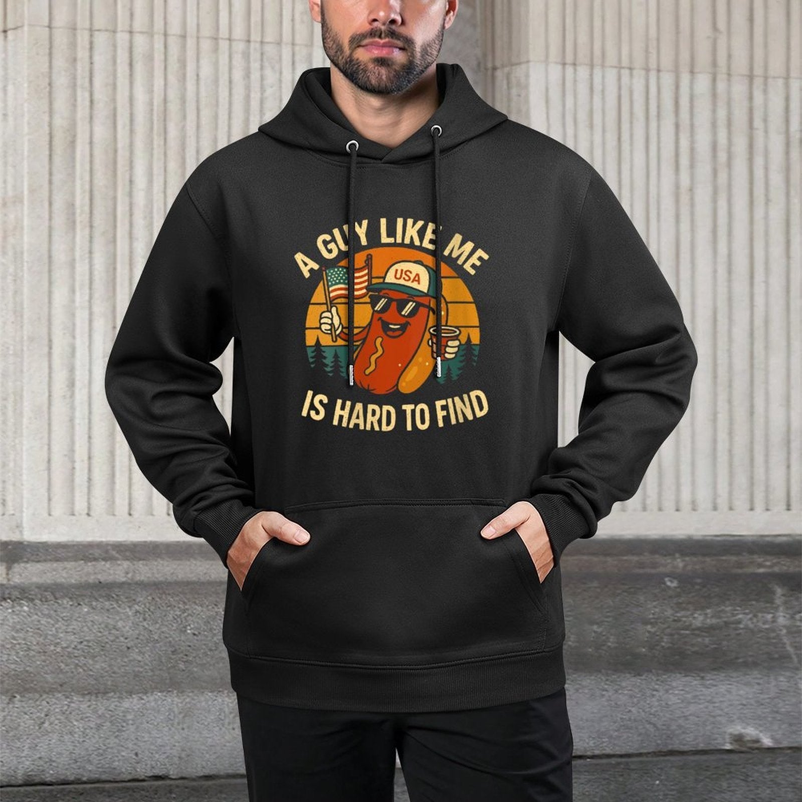 Womens Funny Hotdog A Guy Like Me Is Hard To Forest Find 4th July Easy Care Hoodie