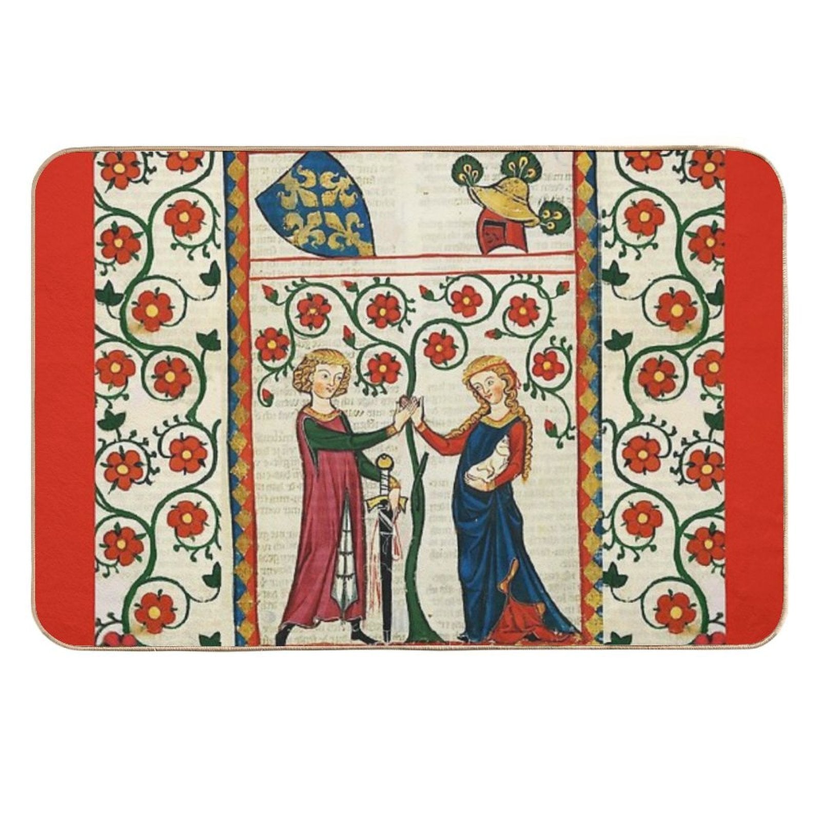 GERMAN POET WITH HIS BELOVED LADY ,MEDIEVAL MINIATURE WITH WILD ROSES  Eco-Friendly Bath Mat