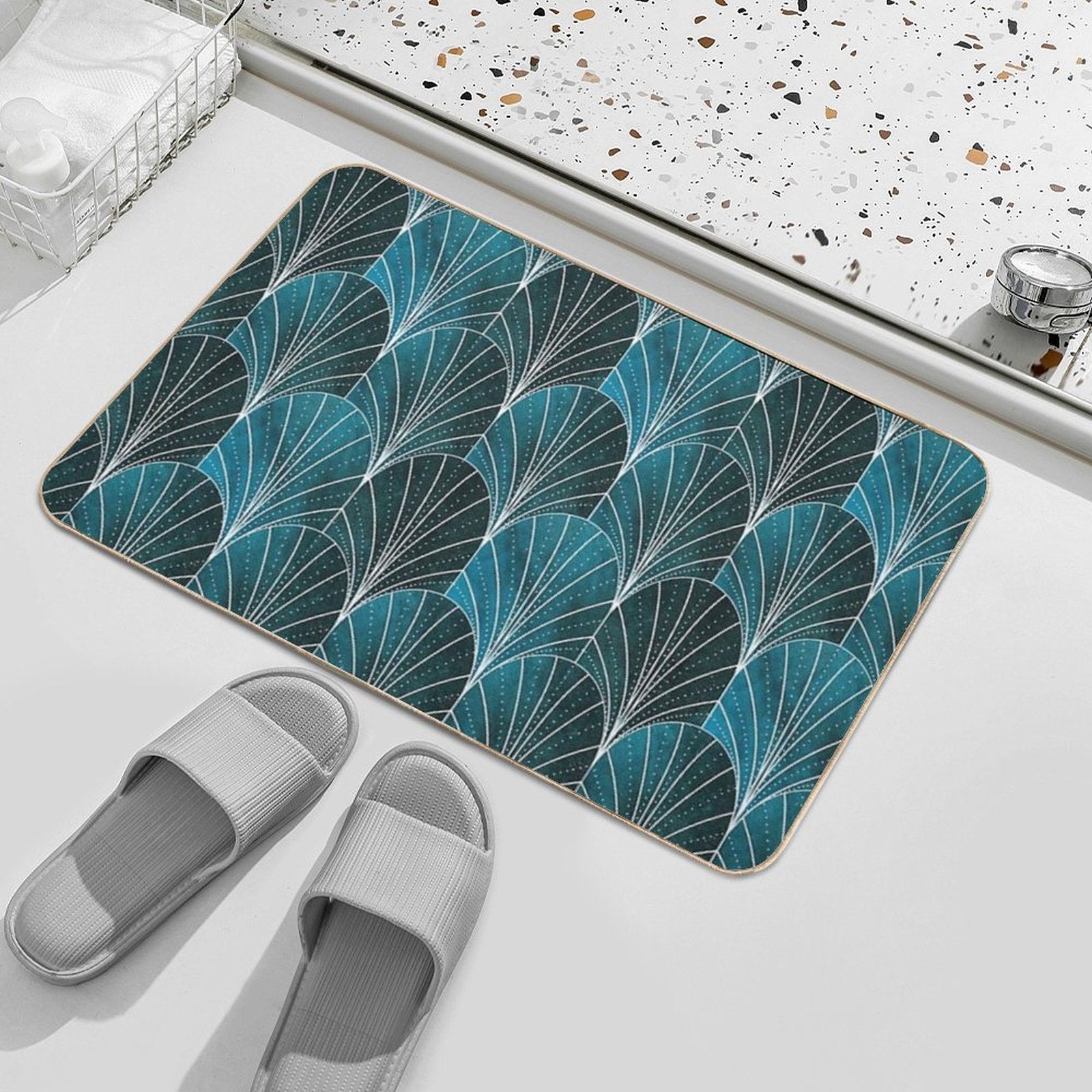 Art Deco Waterfalls  Textured Teal & White  Slip-Resistant Bath Mat