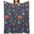 Fairy-tale Forest. Fox, Bear, Raccoon, Owls, Rabbits, Flowers And Herbs on A Blue Background. Plush Throw Blanket