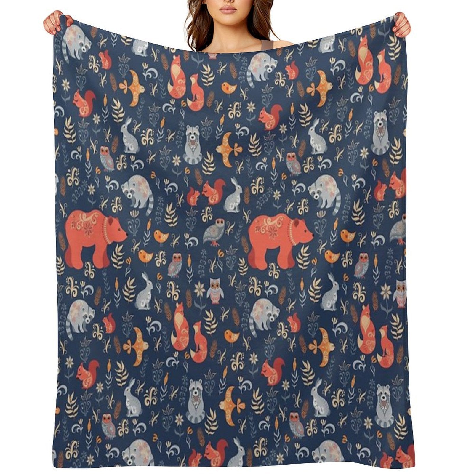 Fairy-tale Forest. Fox, Bear, Raccoon, Owls, Rabbits, Flowers And Herbs on A Blue Background. Plush Throw Blanket