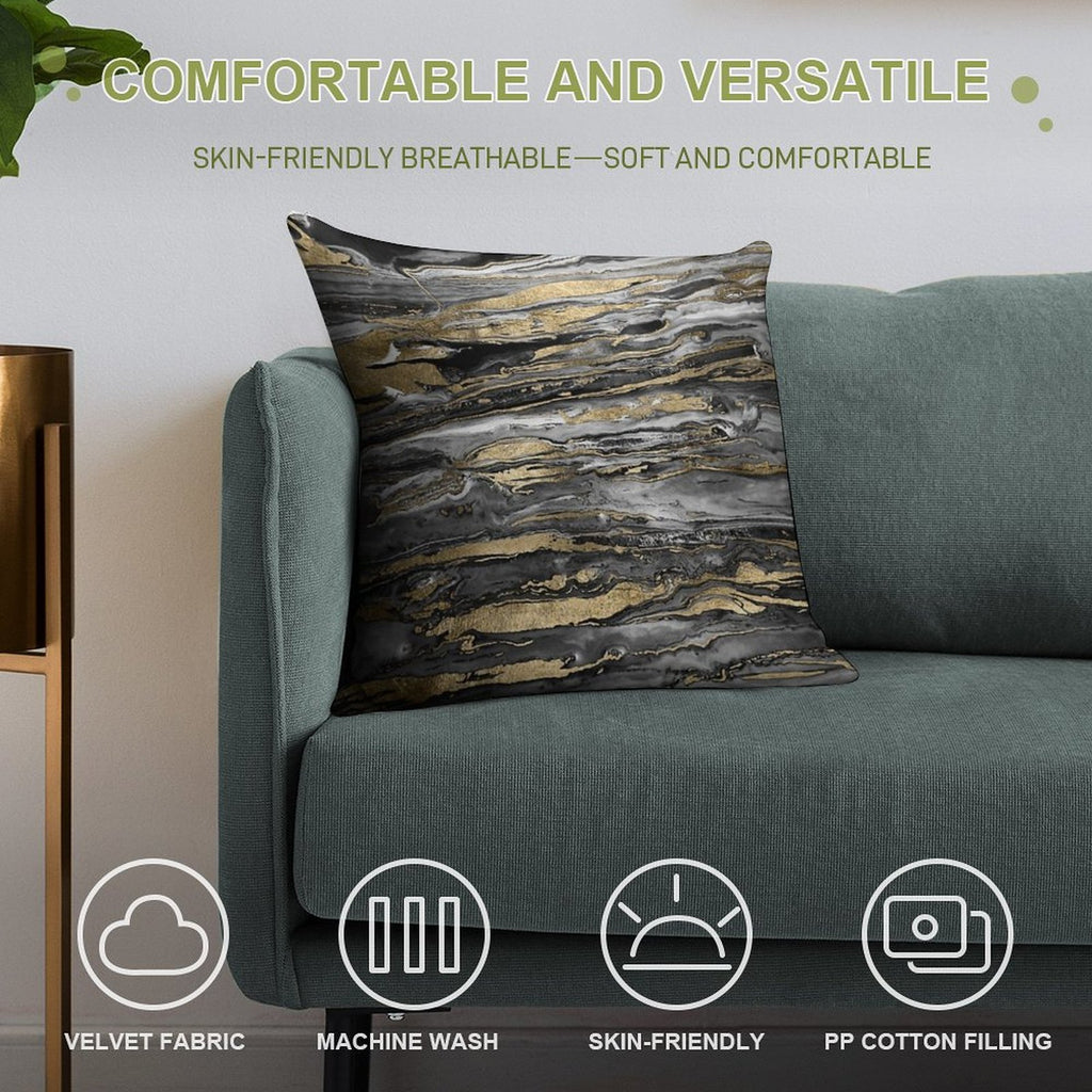 Stylish Grey Gold Abstract Marble Soft Easy Maintenance Throw Pillow
