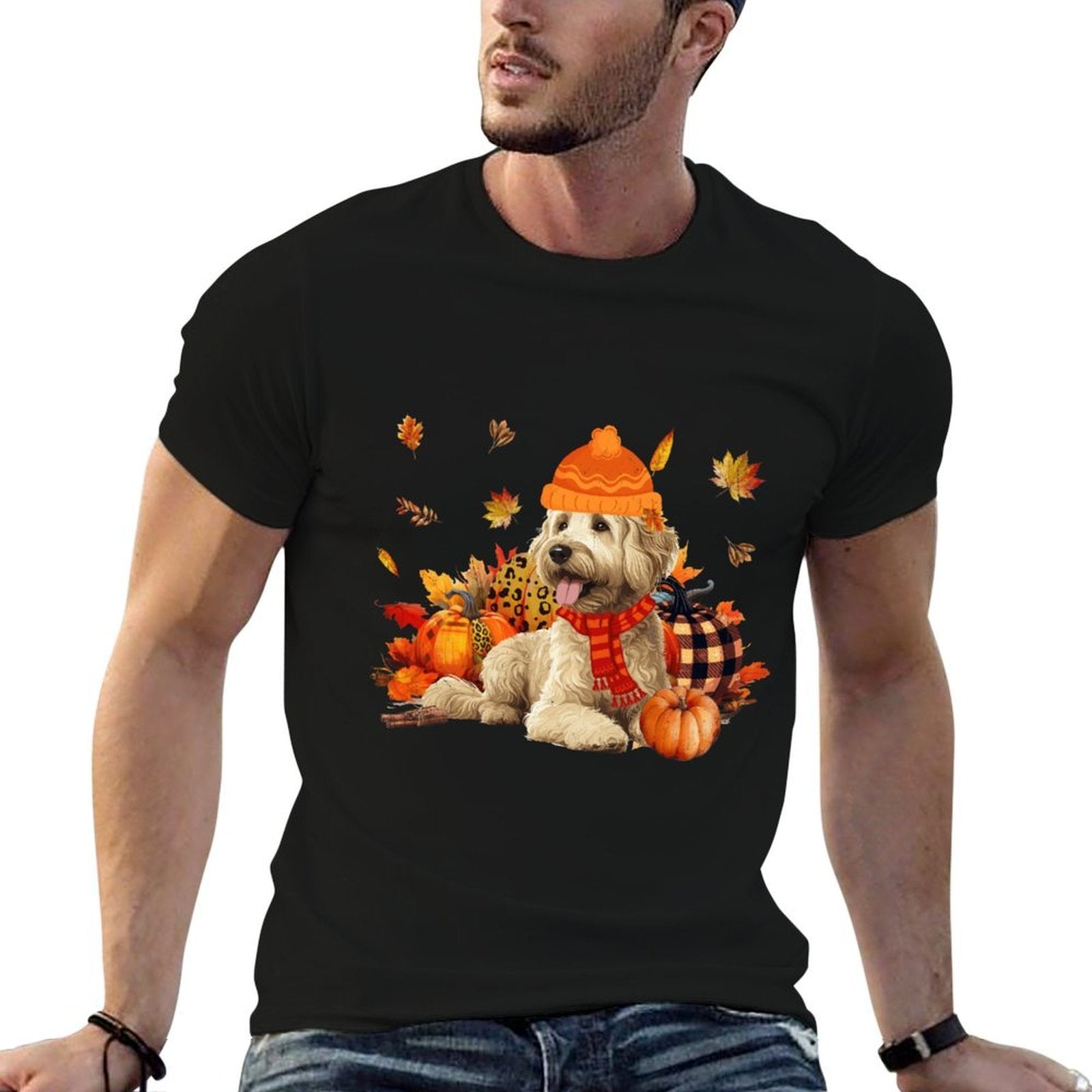 Goldendoodle Dog Fall Scarf Leopard Pumpkins Autumn Leaves  Polyester Blend T-Shirt