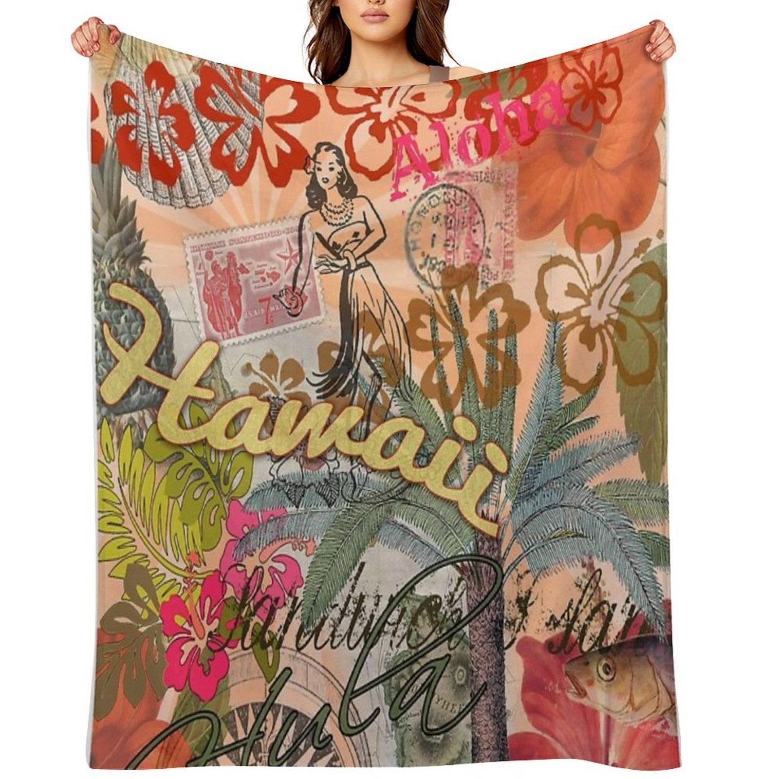 Vintage Hawaii Travel Colorful Hawaiian Tropical Collage All-season Throw Blanket