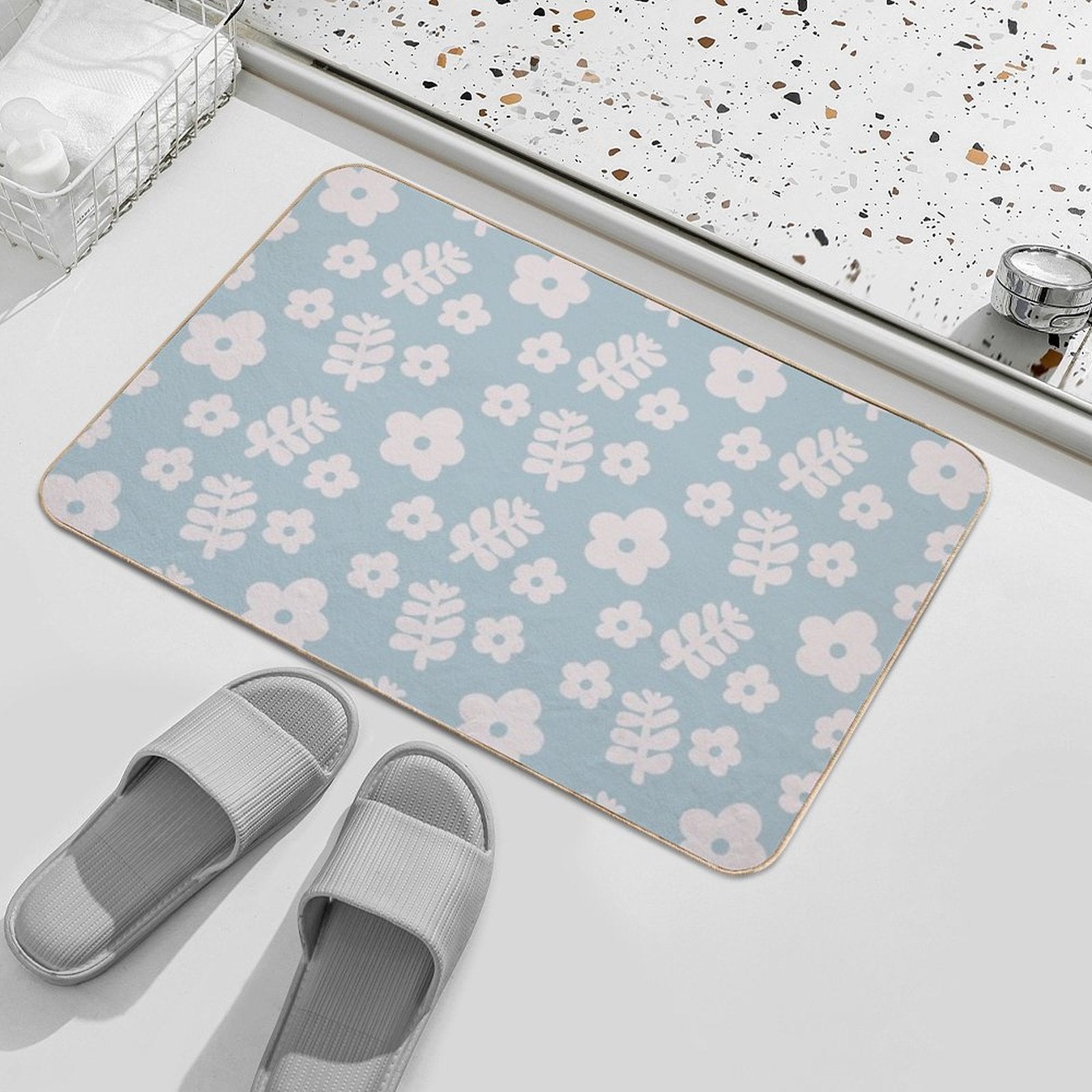 Mid Century Modern Flowers & Leaves, Cute Retro Pattern, Sky Blue  Easy Maintenance Bath Mat