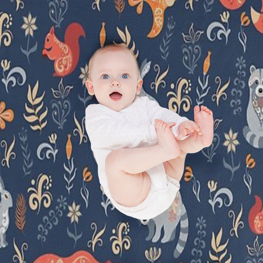 Fairy-tale Forest. Fox, Bear, Raccoon, Owls, Rabbits, Flowers And Herbs on A Blue Background. Anti-pilling Throw Blanket