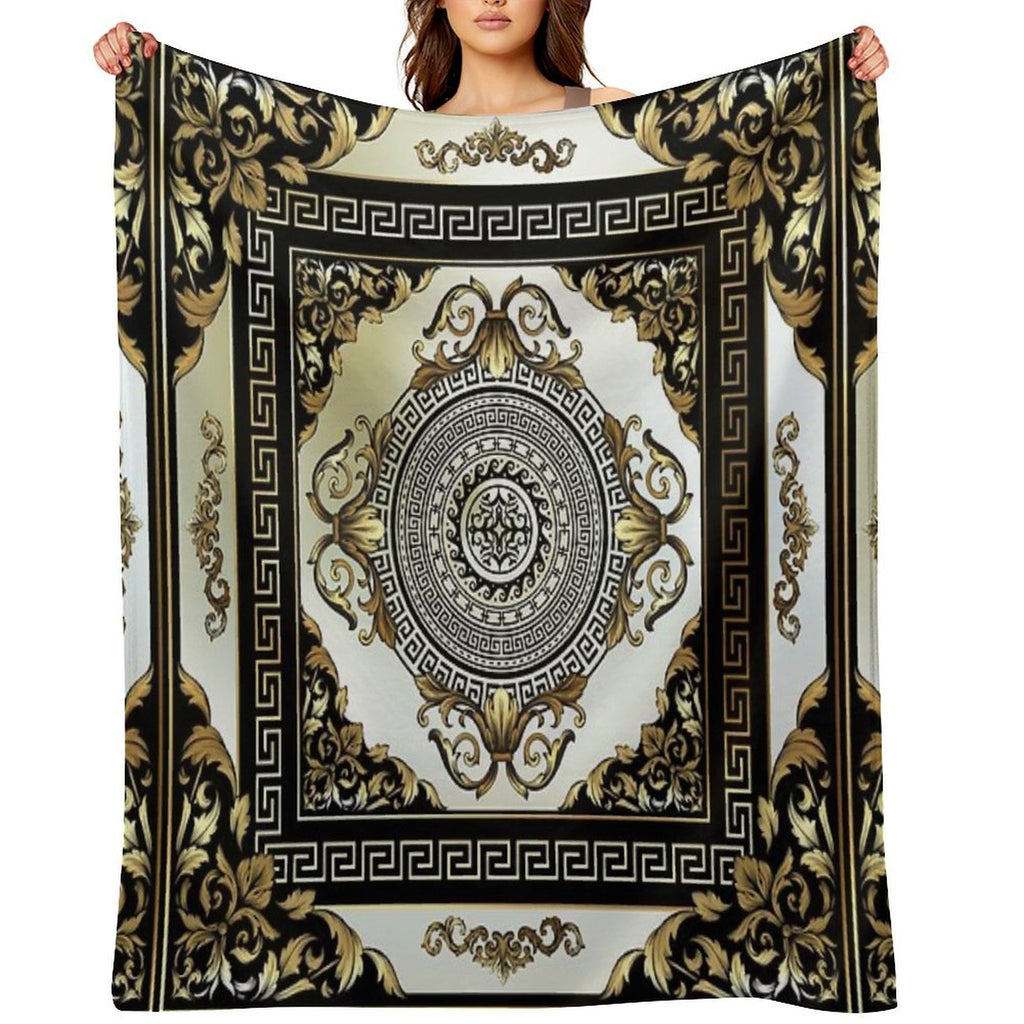 Ornate Baroque Cream Gold Black Greek Key 2 Anti-pilling Throw Blanket