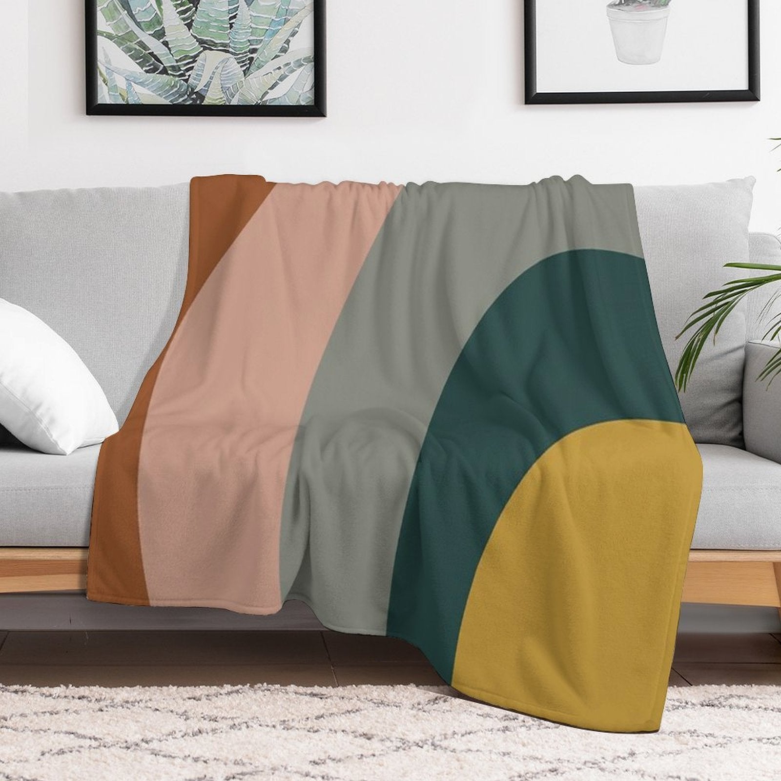 Sound Waves Minimalist Pattern in Mustard Yellow, Teal, Grey, Blush Pink, And Rust Eco-conscious Throw Blanket