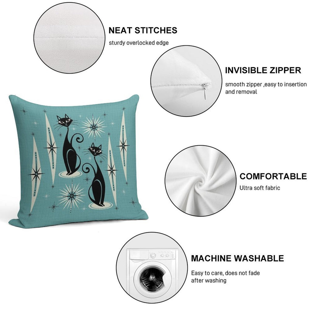 Mid Century Meow on Blue - Large Scale Soft Bedroom Essential Throw Pillow