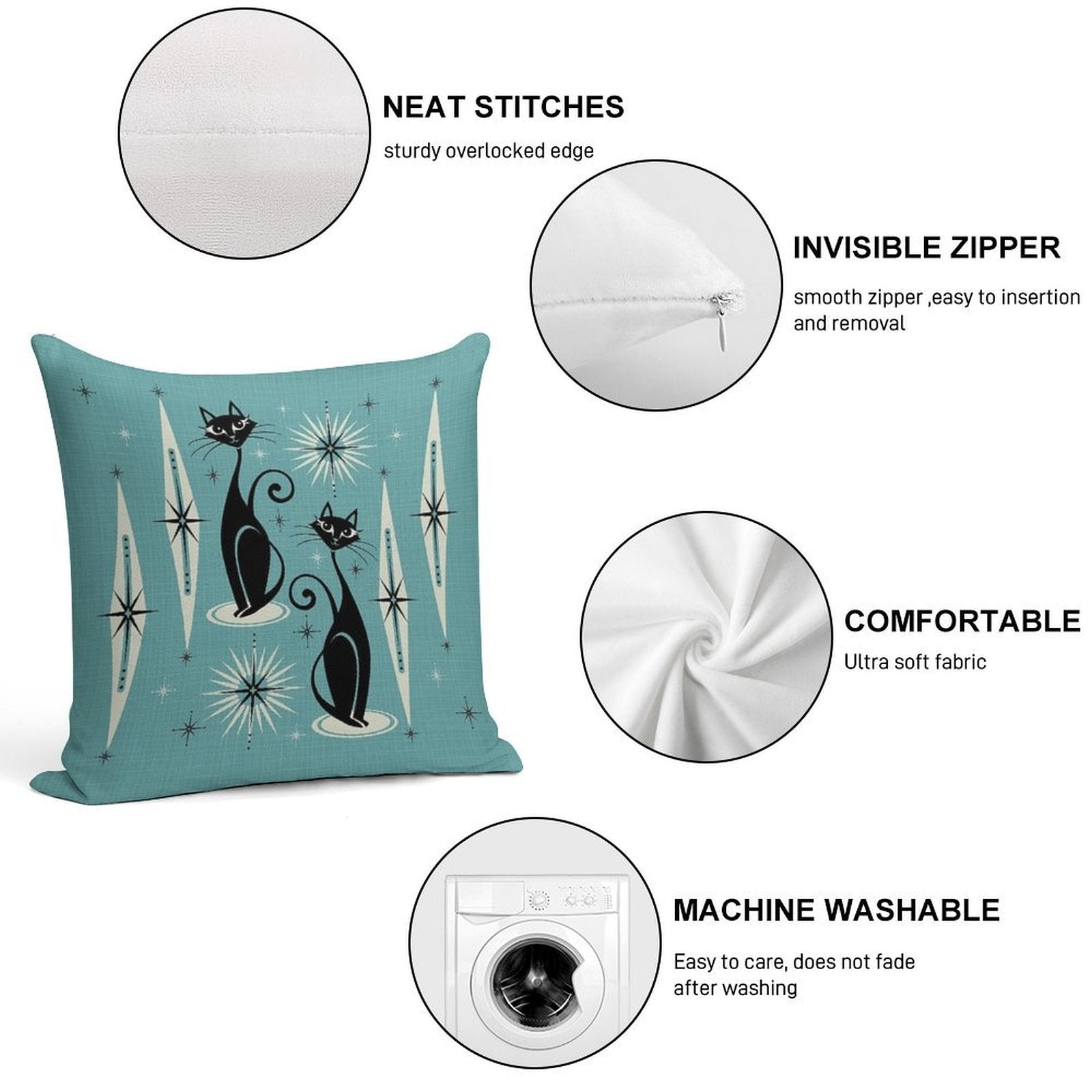 Mid Century Meow on Blue - Large Scale Soft Bedroom Essential Throw Pillow