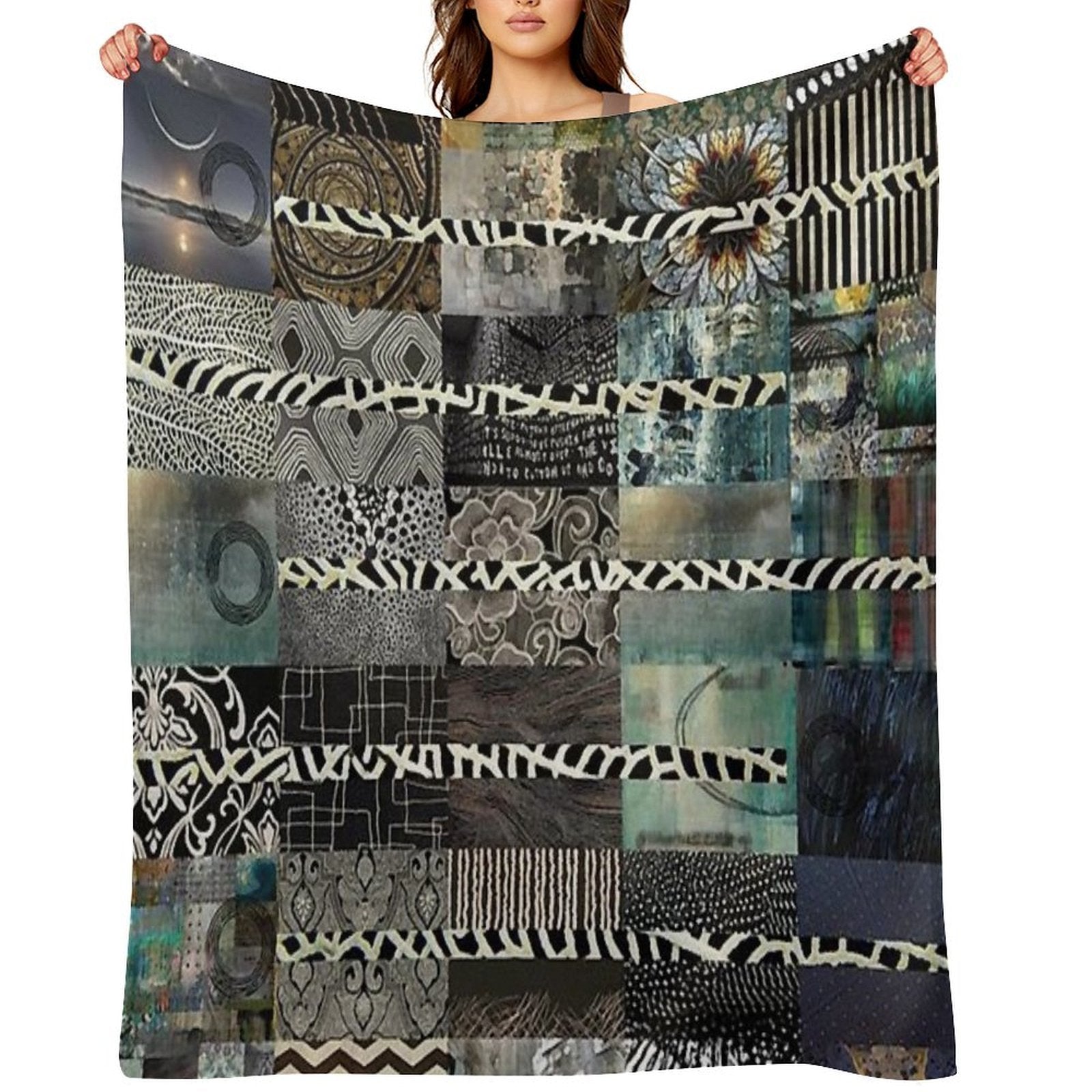 Black White And Grey Quilt Design Abstract Art Collage Sustainable Throw Blanket