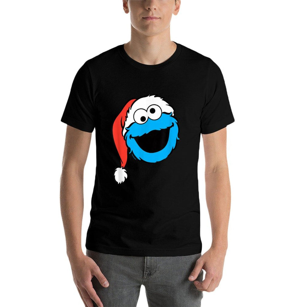 Sesame Street Christmas Santa Hat Cookie Monster Face  High-quality Stitching T-Shirt