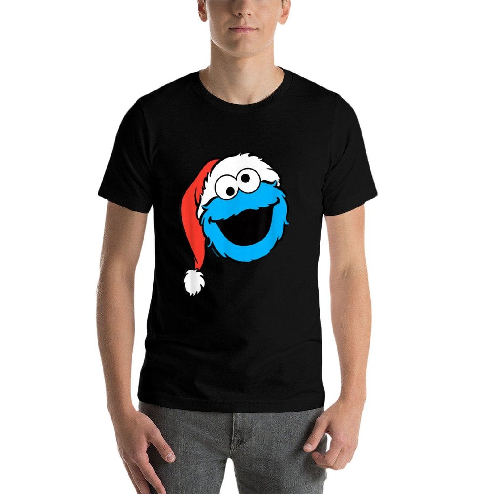 Sesame Street Christmas Santa Hat Cookie Monster Face  High-quality Stitching T-Shirt