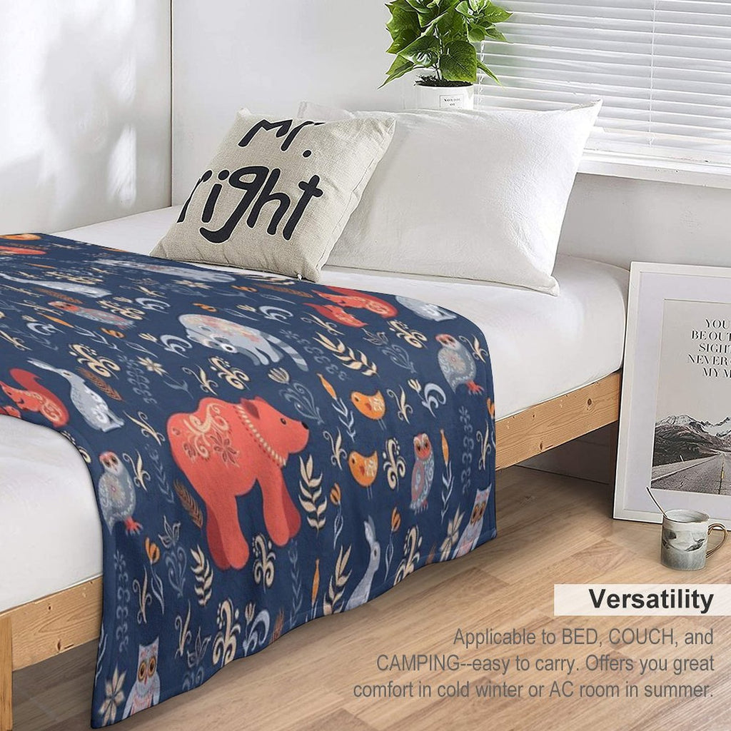 Fairy-tale Forest. Fox, Bear, Raccoon, Owls, Rabbits, Flowers And Herbs on A Blue Background. Anti-pilling Throw Blanket