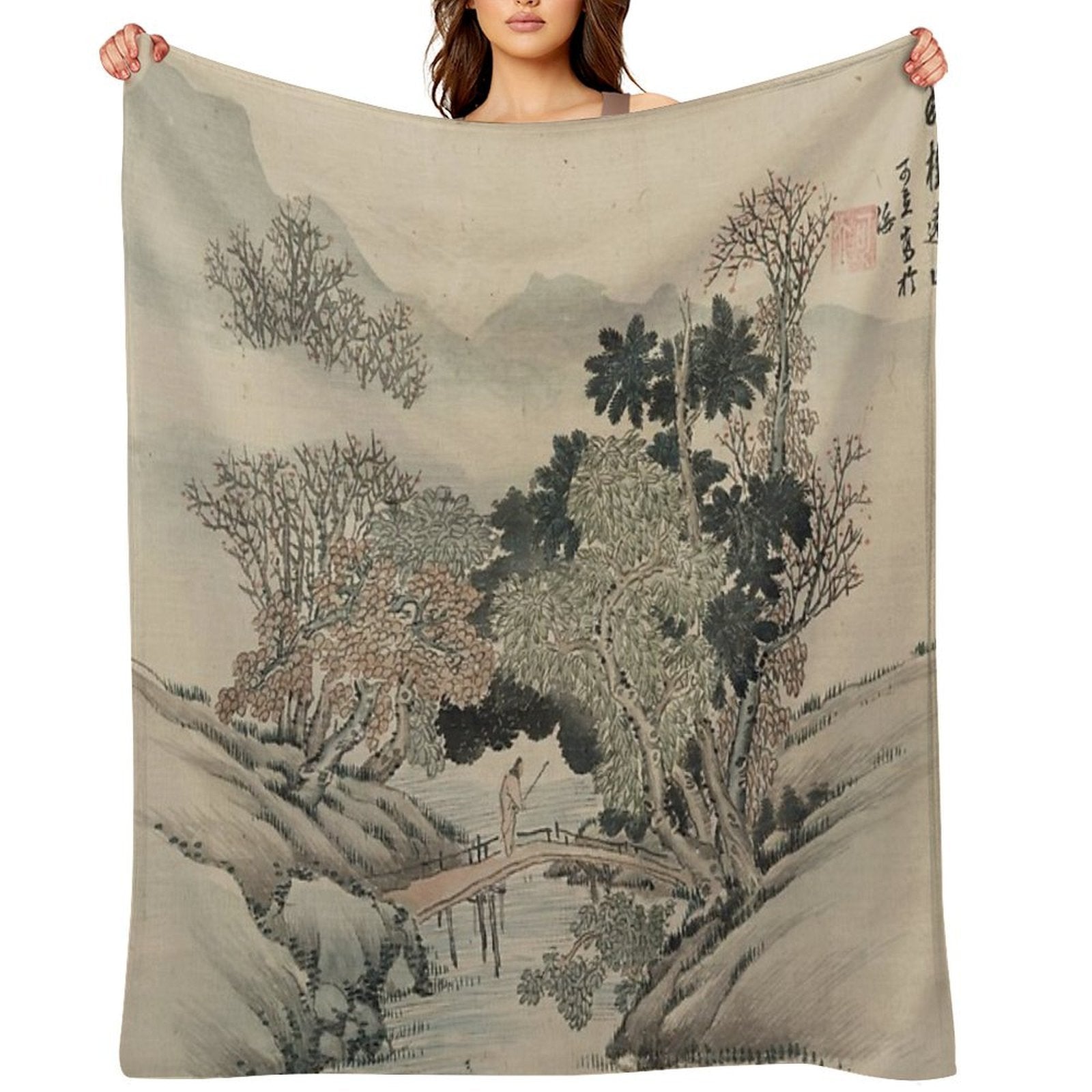 Vintage Japanese Landscape Painting Wrinkle-free Throw Blanket
