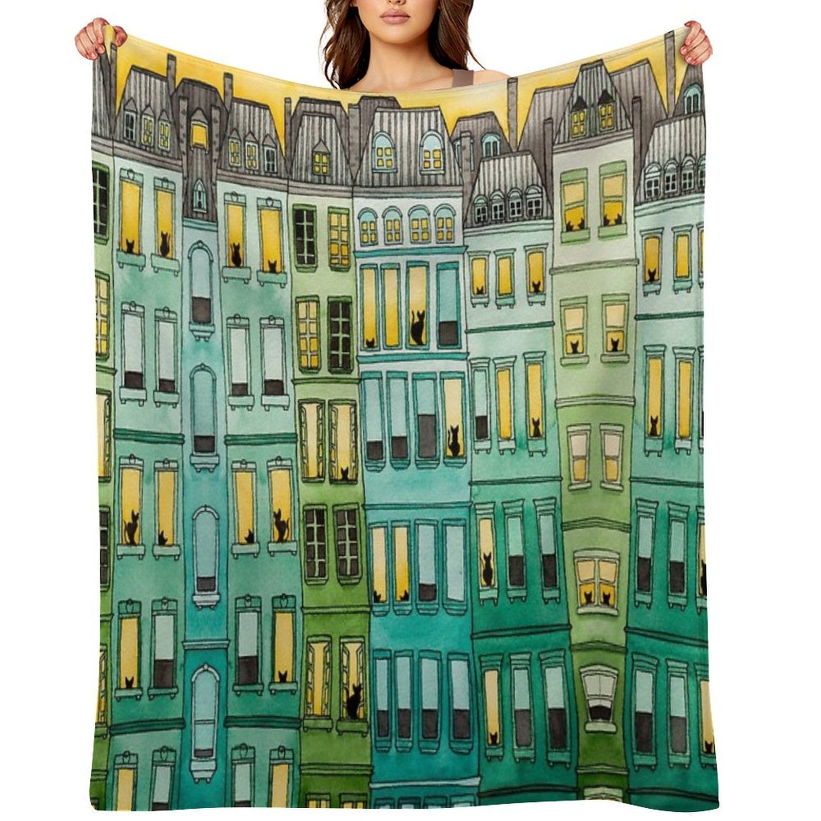 Cats in Green Townhouses Anti-pilling Throw Blanket