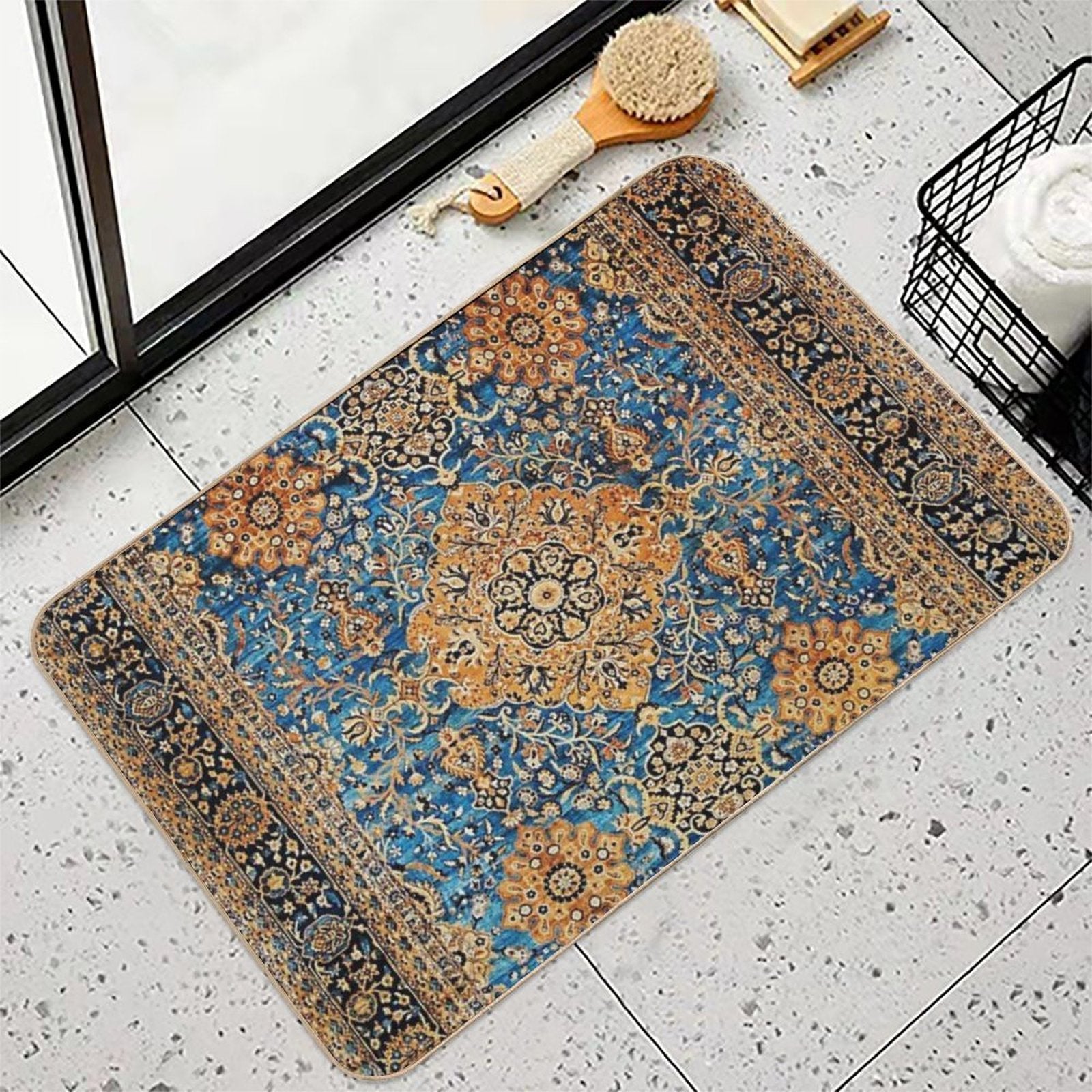 Antique Blue Persian Kirman Rug Print  Stain-Proof Bath Mat