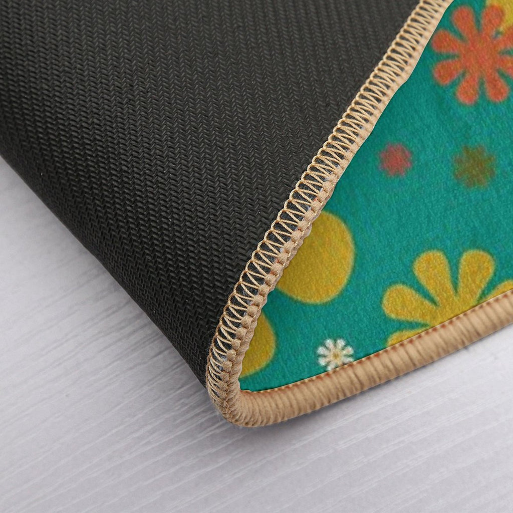 Flowerama - Retro 60s Floral Pattern in Mid Mod Mustard, Olive, Orange, Beige, And Turquoise Teal  Fade-Resistant Bath Mat