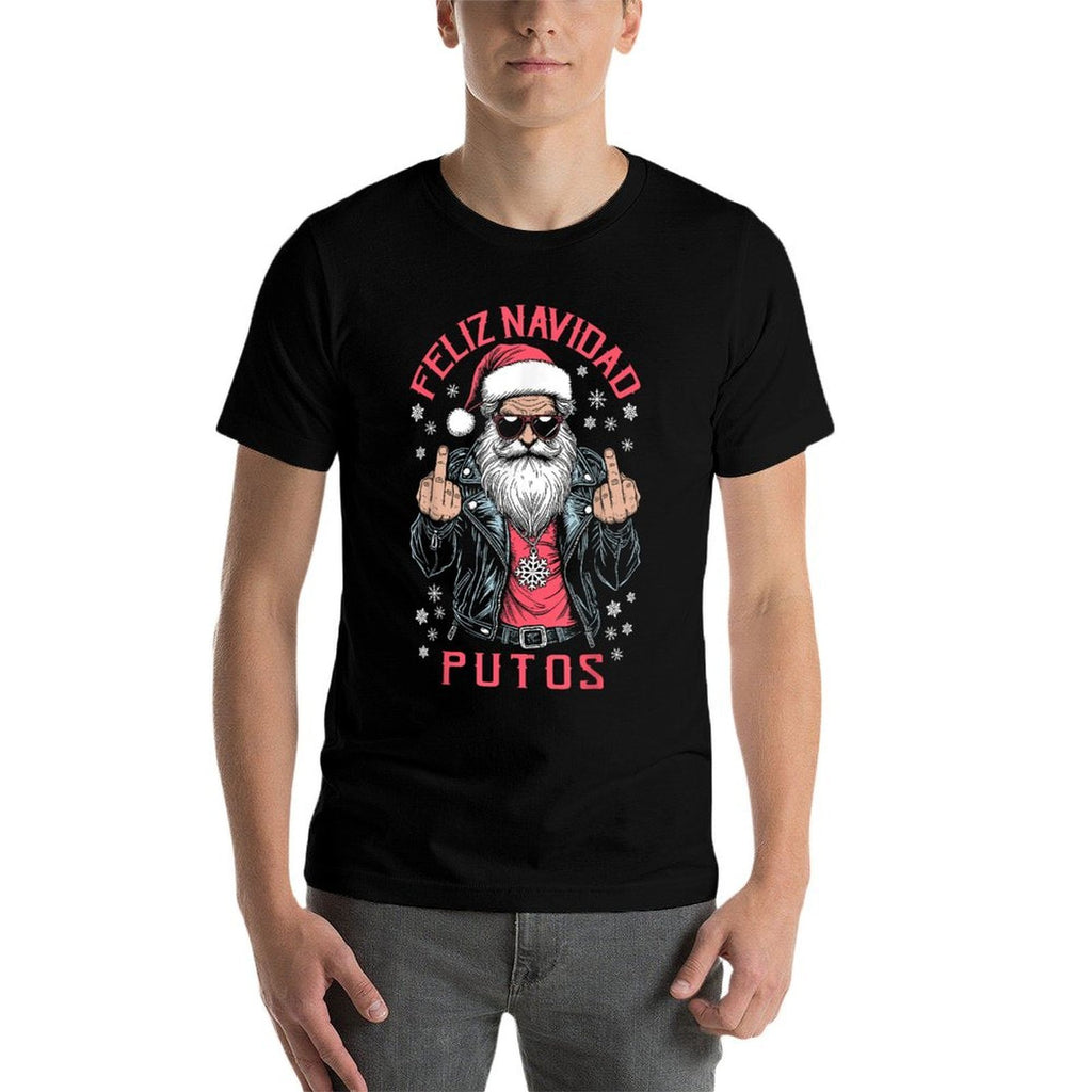 Feliz Navidad Putos Funny Rude Spanish Santa Middle Finger  Stretchy T-Shirt