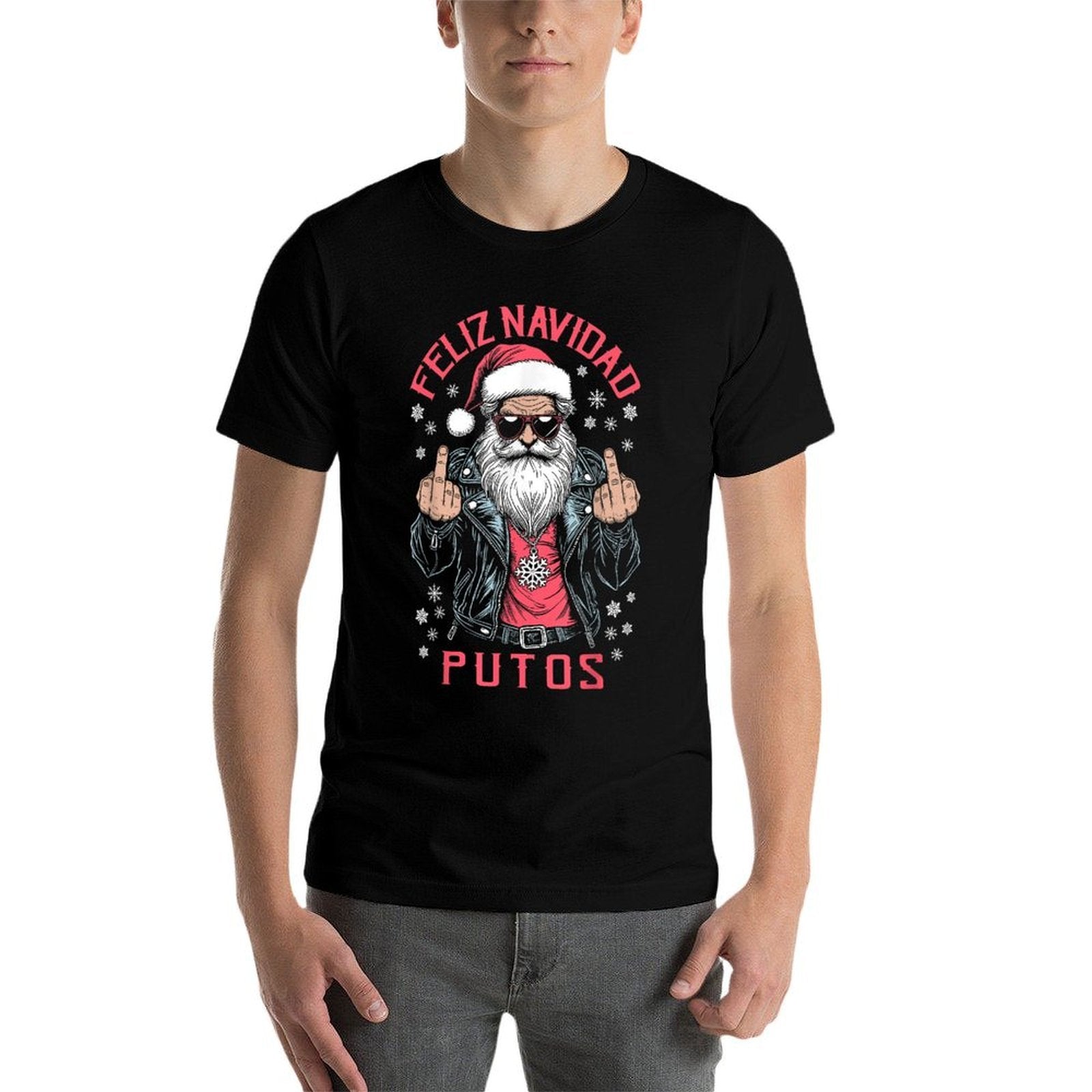 Feliz Navidad Putos Funny Rude Spanish Santa Middle Finger  Stretchy T-Shirt
