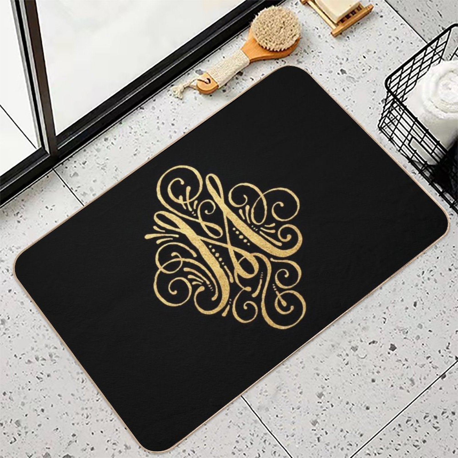 Golden Monogram Letter M  Repositionable Bath Mat