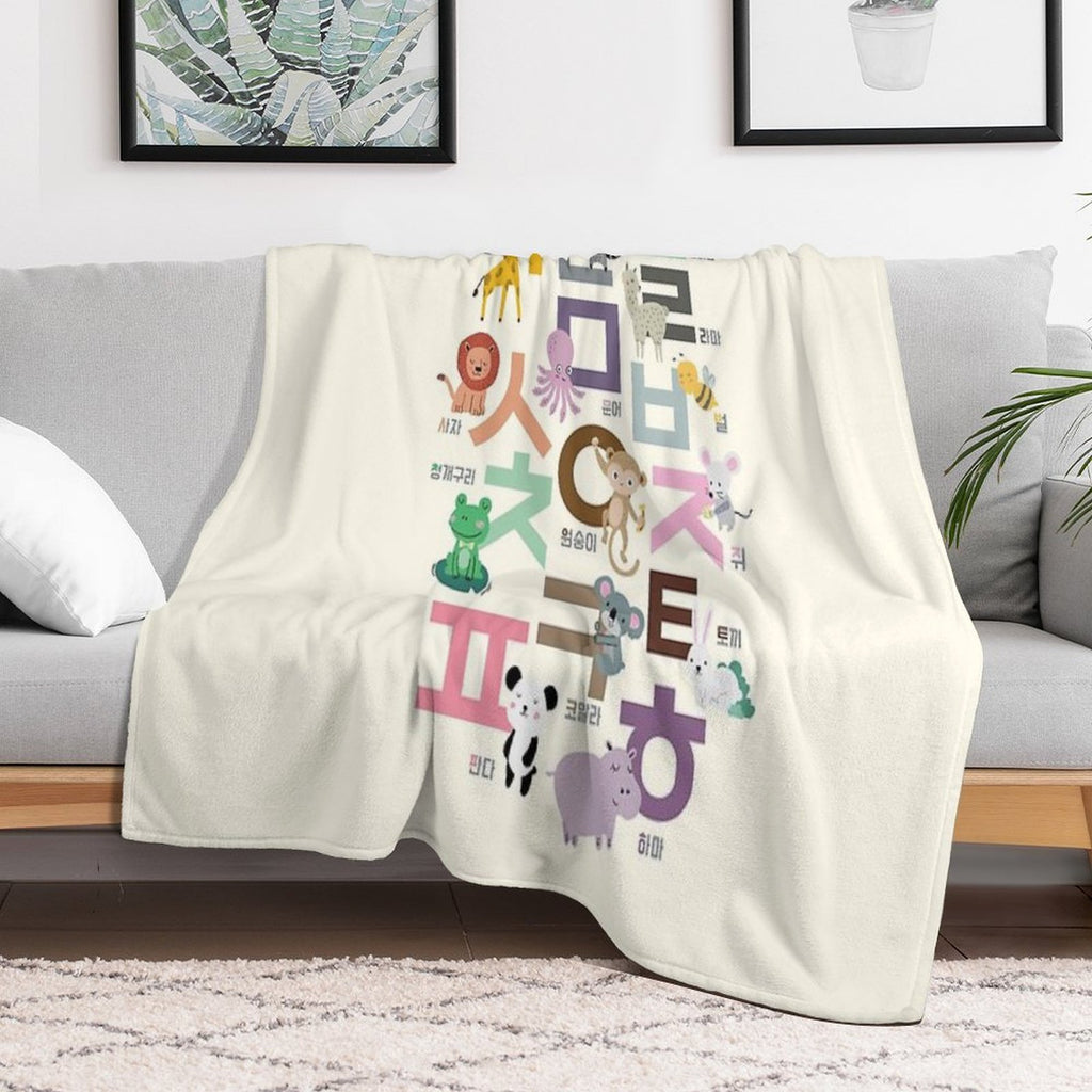 Korean Alphabet, Learning Hangul, Handdrawn Animal Illustrations Versatility Throw Blanket