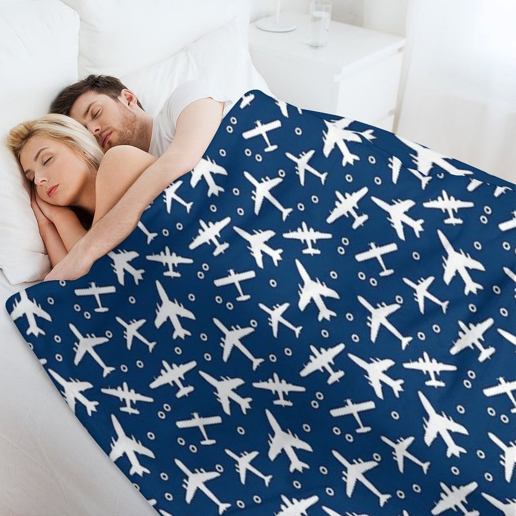 Blue And White Aeroplanes Silhouette Pattern Premium Throw Blanket