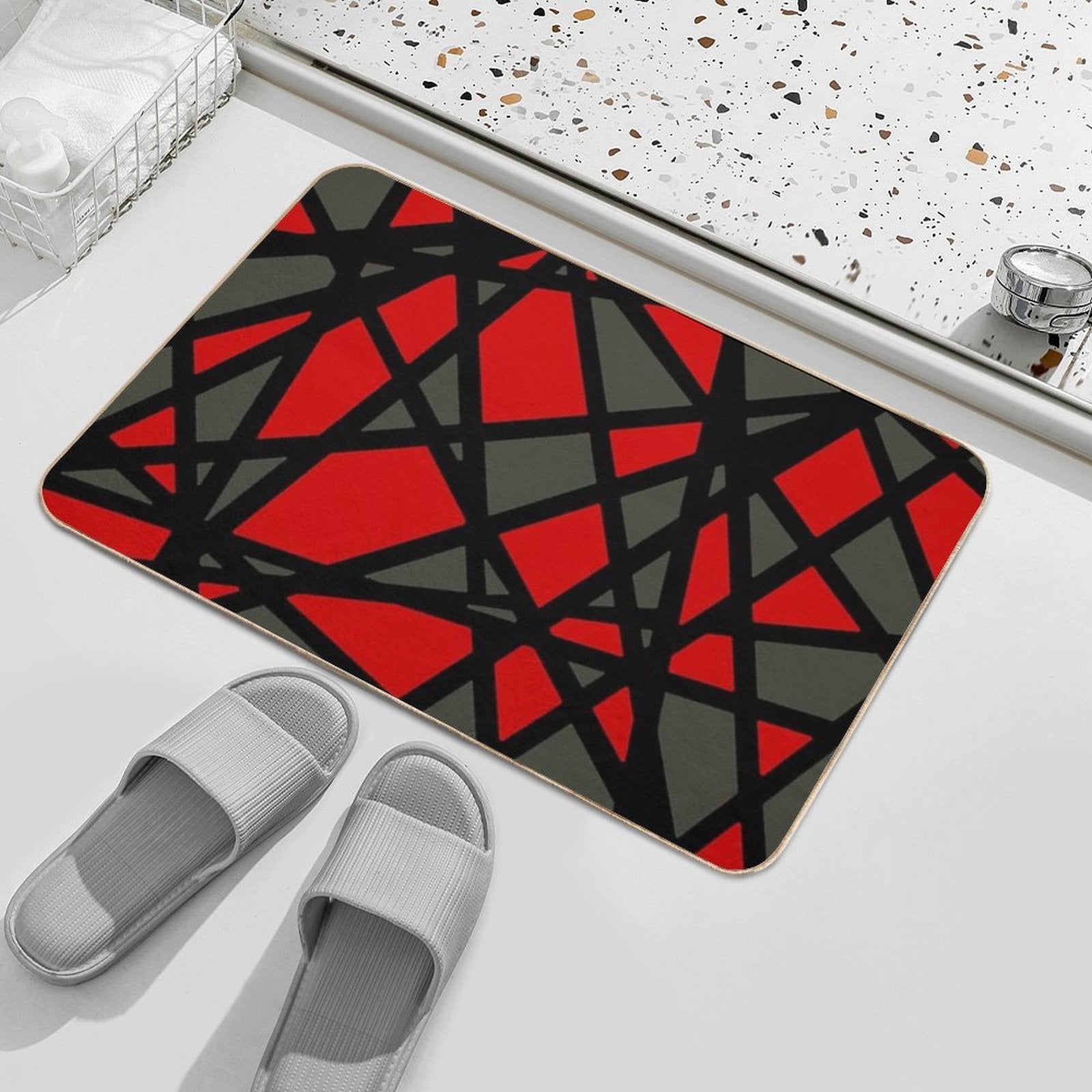 Black Lines Create Irregular Shapes Red Accent Abstract  Long-Lasting Bath Mat