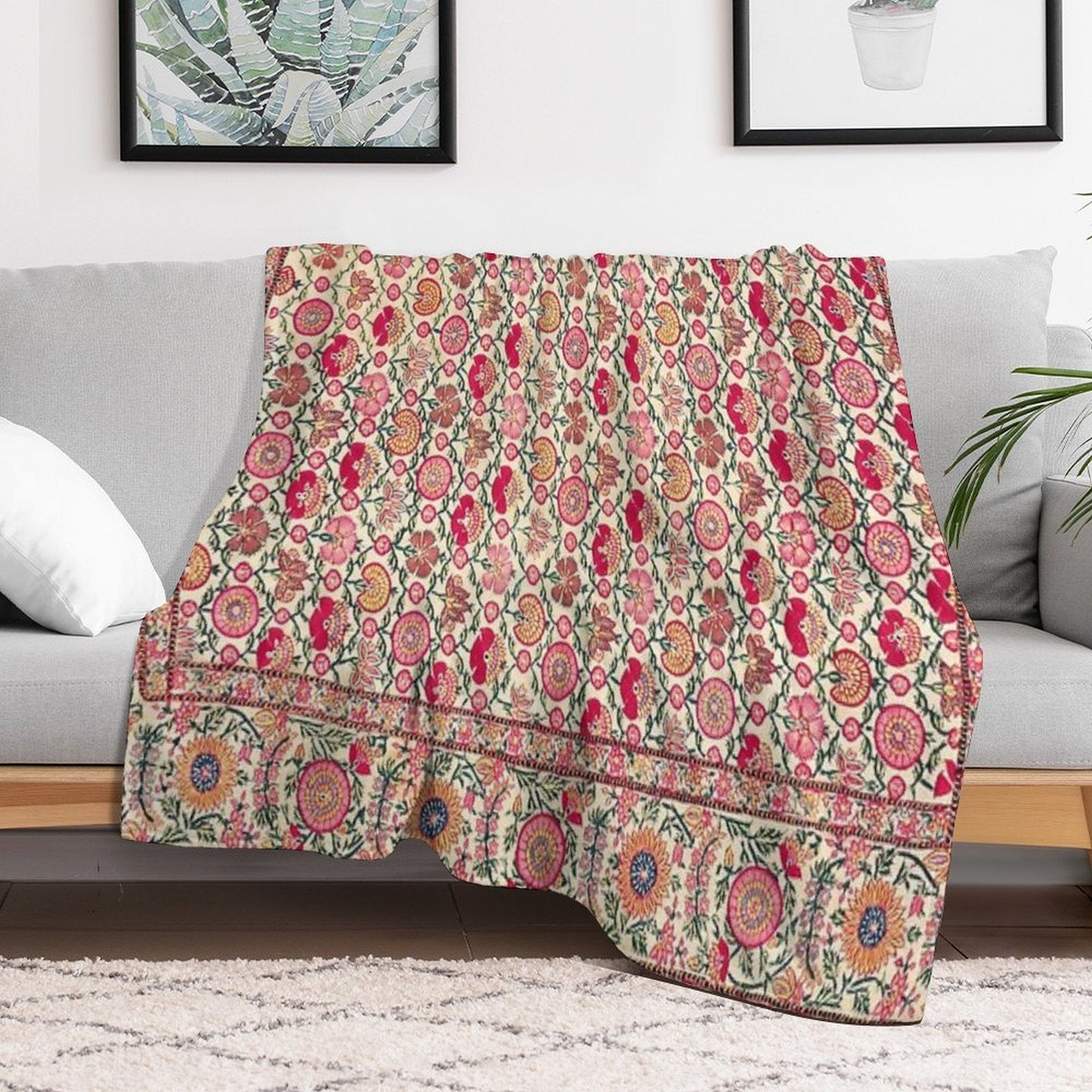 Vintage India Embroidered Textile, 17th Century Wrinkle-free Throw Blanket