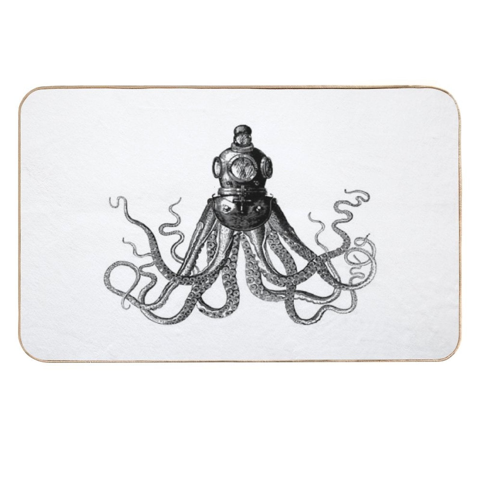 Octopus in Diving Helmet  Deep Sea Divers Helmet  Vintage Octopus  Tentacles  Anthropomorphic  Black And White  Dirt-Trapping Bath Mat