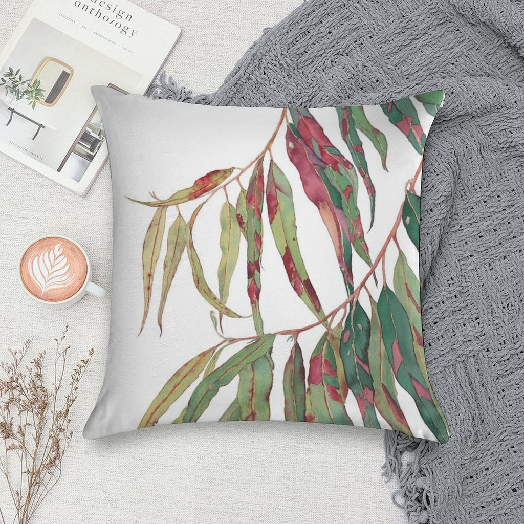 A Touch of Red - Watercolour of Eucalyptus Branch Soft Reinforced Edging Throw Pillow