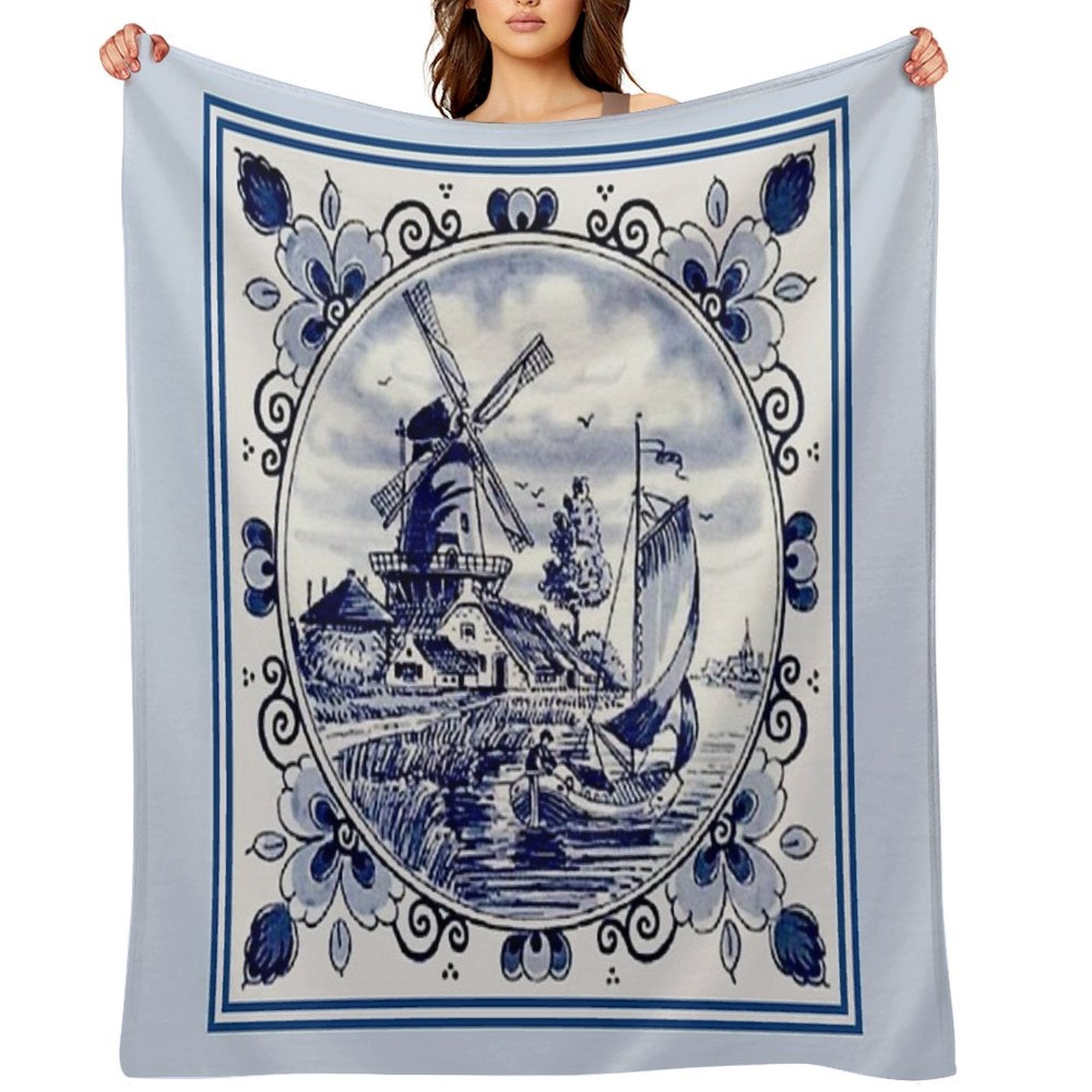 DUTCH BLUE DELFT Vintage Windmill Print Compact Throw Blanket